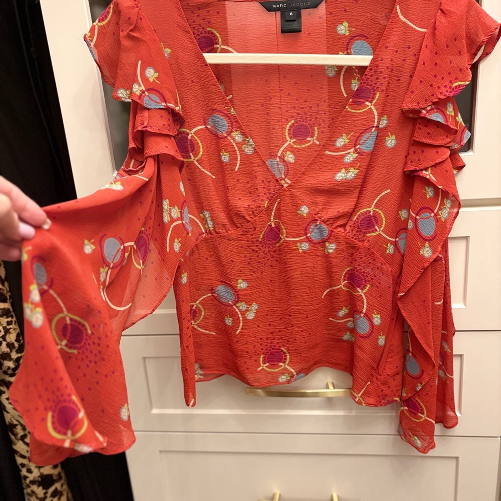 Marc Jacobs Red Floral Ruffle Blouse